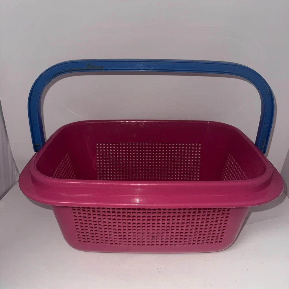 Vintage Plastic Basket Pail Bucket Hot Pink Organizer Swing Handle 90's 18x13x8